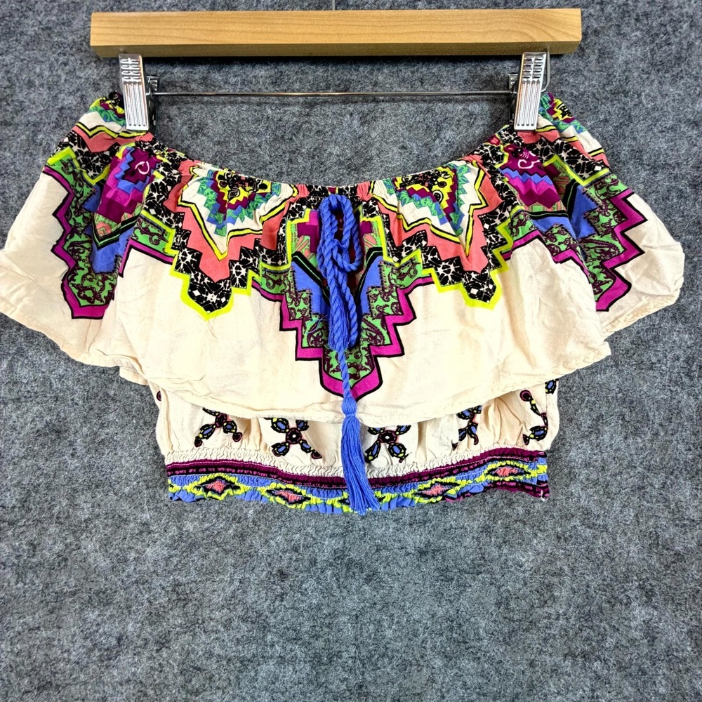 Flying Tomato‎ Crop Top Womens M Beige Festival Southwestern Boho Off Shoulder